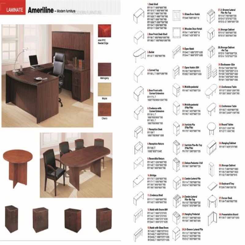 meubles de bureau stratifiés pour le marché américain - panneaux E1 avec certificat CARB. Bureaux, U-set, meubles de bureau, bibliothèque, placards, etc.